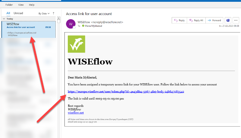 e-post med adgangslenke fra WISEflow